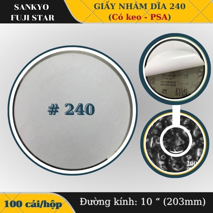 Giấy nhám dĩa 240 10” (Có keo-PSA) Sankyo – Nhật Bản