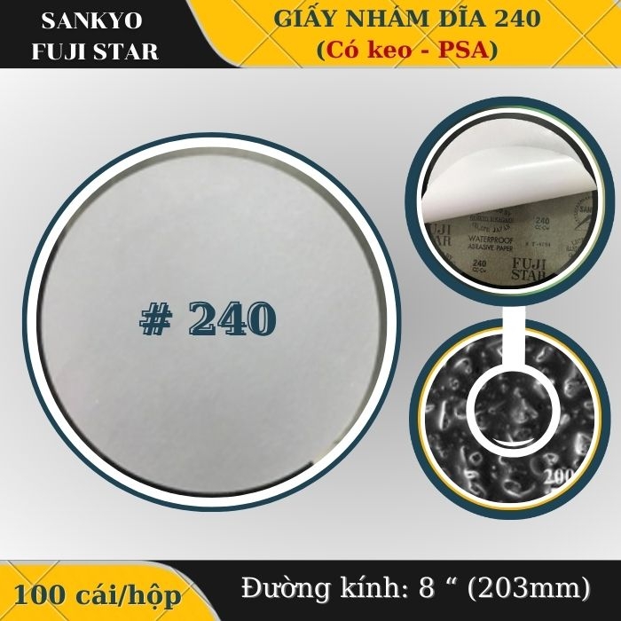 Giấy nhám dĩa 240 8” (Có keo-PSA) Sankyo – Nhật Bản